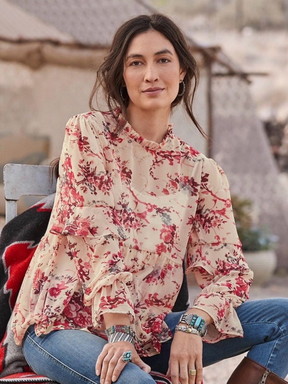 Sundance Cream Floral Ruffle Blouse with Red Blossoms